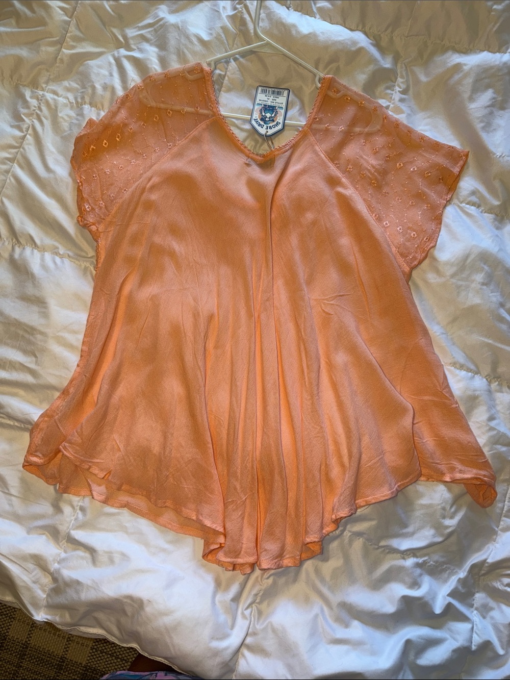 Embroidered Peach V-Neck Women's Blouse with Tie Front - Picture 5 of 6